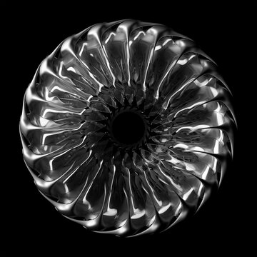 3d rendering of abstract black and white aircraft turbine engine with sharp curve spiral blades looks like metal alien flower in aluminum metal material with glass parts on black dark background