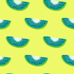 Abstract blue colored kiwi slice seamless pattern. Yellow bright background. Contrast print.