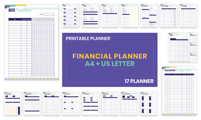 Minimalist Financial planner Bill,Debt,Payoff,Log,monthly,weekly,budget,Saving,Income,Expenses,Account,Credit Card,Goal,Calendar,pages templates collection set of vector A4 and US Letter Ai, EPS 10