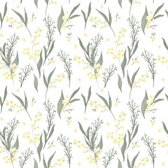 Watercolor painting seamless pattern with gentle spring flowers, leaves, branches
