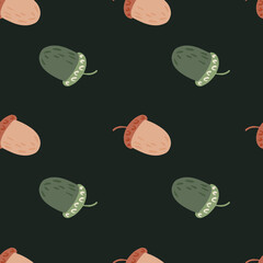 Minimalistic seamless pattern with forest green and pink autumn ornament. Black background.