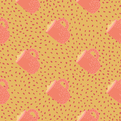 Christmas drink seamless pattern with pink chocolate cup ornament. Beige dotted background.