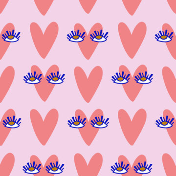 Modern pattern for Valentine's Day. Hand drawn Hearts with big eyes. Seamless vector print suitable for wallpaper, textiles and wrapping paper