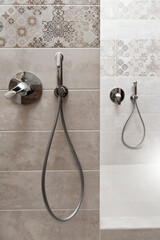 Hygienic shower and faucet built into the wall.