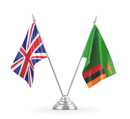 Zambia and United Kingdom table flags isolated on white 3D rendering