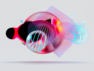 3d render of abstract art of composition with surreal flying cube meta balls spheres bubbles or festive party balloons with parallel lines pattern on surface with neon glowing pink and blue light 