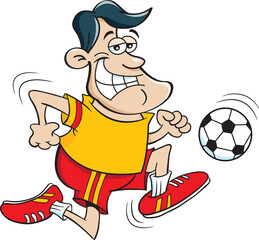 Cartoon illustration of a smiling man in a soccer uniform kicking a soccer ball.