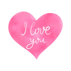 Watercolor red heart shape. Abstract Valentines day greeting card hand drawn heart icon and lettering i love you. Vector design
