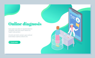 Landing page of medical site for online diagnostics. Excited patient woman at doctor s appointment. Table with test tubes, tests, large cartoon smartphone with text messages, flask and envelope