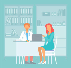 Woman is communicating at a consultation with doctor. Therapist and patient at hospital appointment. A man in a medical gown works at a laptop. Female character telling the doctor about the symptoms