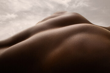 Shining. Detailed texture of human skin. Close up of young african-american male body surface like...