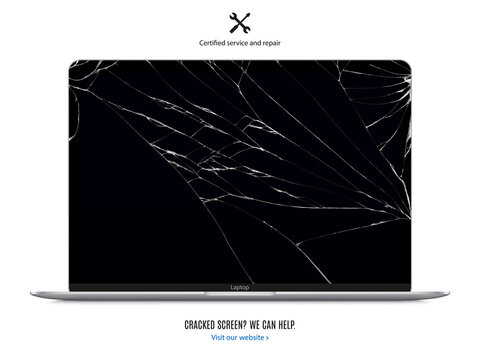 laptop with cracked screen for advertising repair service isolated on white background. mockup of realistic and detailed broken notebook with shadow. stock vector illustration