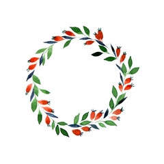 Fototapeta na wymiar cute watercolor wreath of green leaves and berries. clip-art for christmas, wedding. simple wreath, frame, design for invitation, greeting card, packaging.