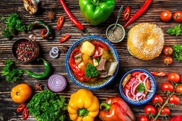 Uzbek and Central Asia cuisine concept. Assorted Uzbek food pilaf samsa lagman manti shurpa Uzbek restaurant concept Uzbek food. Food recipe background. space for text