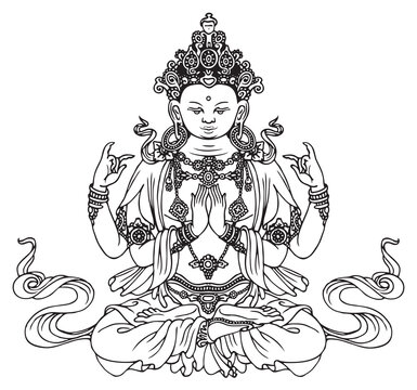 Hand-drawn Buddha Shakyamuni, four-armed Buddhist or Hindu god. Vector illustration of sitting Gautama Buddha meditating in the lotus pose. Awakened and Enlightened. Black drawing on light a backdrop