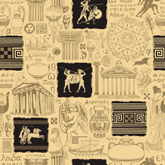 Seamless pattern on the theme of Ancient Greece. Vector background, Wallpaper, wrapping paper, fabric with hand-drawn symbols of ancient Greek culture and architectural landmarks in retro style