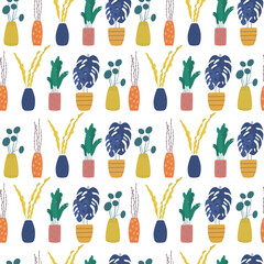 Seamless pattern with home plants. Bright vector illustration. Excellent for packaging in flower shops. Perfect for scrapbooking, wrapping, patchwork, cover design. 