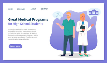 Great medical programs for high school students landing page webpage template with doctors man and woman offering classes. Educational science lesson online at school of medicine for motivated learner