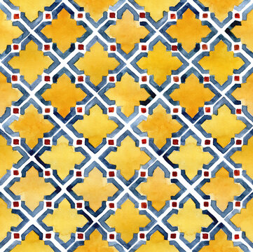 watercolor seamless pattern. Moroccan, Turkish patterns, oriental patterns. colored tiles in yellow, blue and red.