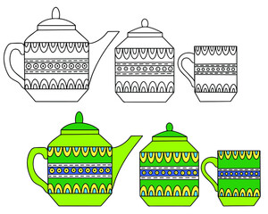 Set of ceramic dishes: teapot, sugar bowl and Cup. Color and linear drawing on a white background.
