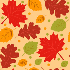 Fototapeta na wymiar autumn leaves seamless pattern with maple, oak and linden tree leaf. Fall background or wallpaper. Vector elements for cozy design. Seasonal colorful ornament for textile, fabric