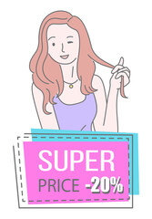 Sale banner with beautiful woman standing near advertising bright poster with lettering super price. Smiling girl with happy face expression showing a gesture ok winks an eye, discount shopping time