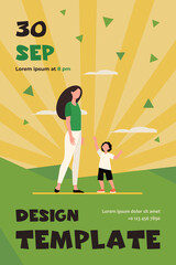 Little son reaching arms to his mom. Woman and kid walking together flat vector illustration. Motherhood, parenthood, childcare concept for banner, website design or landing web page