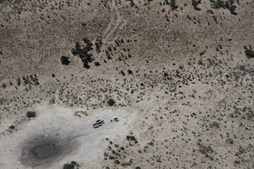 Okavango from above, taken from a small airplane looking down on elephants walking away from a water hole. Botswana Okavango Delta Moremi