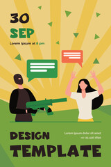 Criminal in mask aiming gun at scared victim. Woman raising arms and talking to offender flat vector illustration. Robbery, hostage taking concept for banner, website design or landing web page