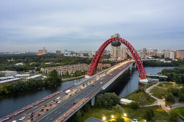 Obraz premium Panoramic view of Moscow on a summer evening, Russia. Picturesque region in the north-west of Moscow city. Zhivopisny bridge across the Moscow river.
