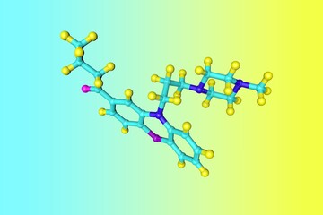 Molecular model of butaperazine, a typical antipsychotic of the phenothiazine class and the central nervous system depressant (CNS depressant). Scientific background. 3d illustration