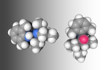 Molecular structure of etidocaine. Atoms are represented as spheres with conventional color coding: carbon (grey), nitrogen (blue), oxygen (red), hydrogen (white). 3d illustration