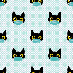 Black cat in blue medical mask. Seamless pattern with trendy print for textiles, bed linen, clothing, wrapping paper. 