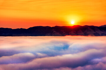 Sunrise over Mountains, View of Clouds, Above