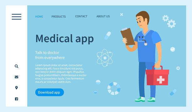 Program landing page template. Medical app for communicating with a doctor from anywhere. Website for analyzing state of health via the Internet. Emergency doctor examines patient information