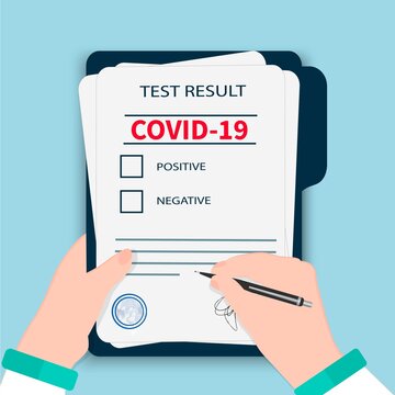 Test Result For Covid-19. Negative, Positive. Medical Control. Tablet With Checklist. Laboratory-analysis. Doctor Writes With A Pen. Conclusion, After Coronavirus. Health Check. Vector Illustration
