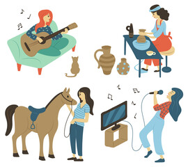 Guitarist player woman vector, isolated people hobby interests. Lady playing guitar sitting on sofa with cat, karaoke singing and horse equestrian sport, pottery