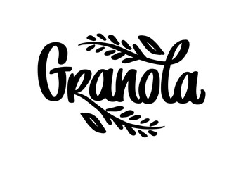 Granola logo vector template. Lettering composition and spikelets with grains. Handwritten calligraphy. Healthy food logotype for package, label.