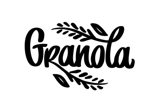 Granola logo vector template. Lettering composition and spikelets with grains. Handwritten calligraphy. Healthy food logotype for package, label.