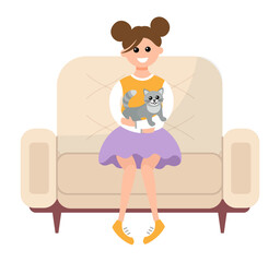 Girl is sitting on the couch and petting the cat. Young female character with a kitten in her arms. Person plays with a pet in an apartment vector illustration. Character in chair on white background