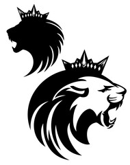roaring lion with royal crown - king leo head black and white vector design set