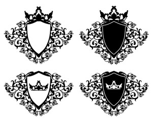 antique style black and white vector coat of arms design set with royal crown, heraldic shield and rose flowers
