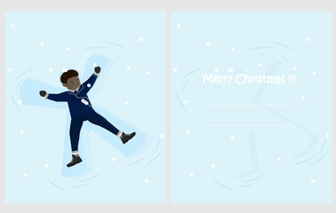 christmas card with snow angel and a young guy listening to music on the player	

