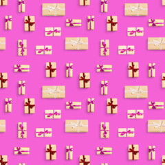 Seamless pattern made from gift boxes on pink background presents, gifts minimal concept seamless pattern. Abstract pattern for christmas birthday wedding