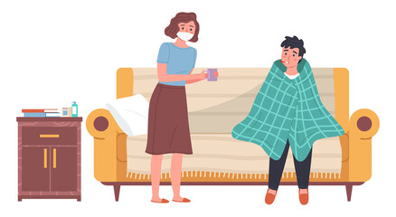 Woman treats a young man. Guy drinks hot tea at home. Sick people on the white background. Male character wrapped in a blanket sitting with a thermometer in his mouth. Patient being treated for flu