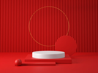 3d rendering studio with geometric shapes, podium on the floor. Platforms for product presentation, mock up background. Abstract composition in minimal design.