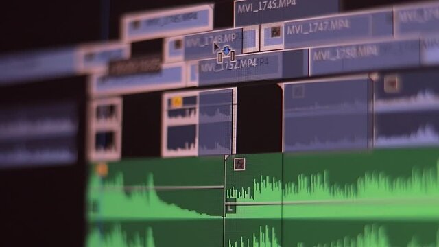 Film editor highlights, picks out and shifts footages on timeline editing project in computer program macro view