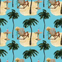 Watercolor beach seamless texture. Palms, beach armchair, sand tiled pattern on blue background