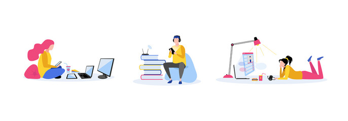 Fototapeta premium Set of vector compositions for online homeschooling. Men, women, computers, the Internet. Vector illustration for website.