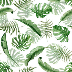 Watercolor palm leaves pattern. Exotic monstera tropic seamless background. Summer texture on white background